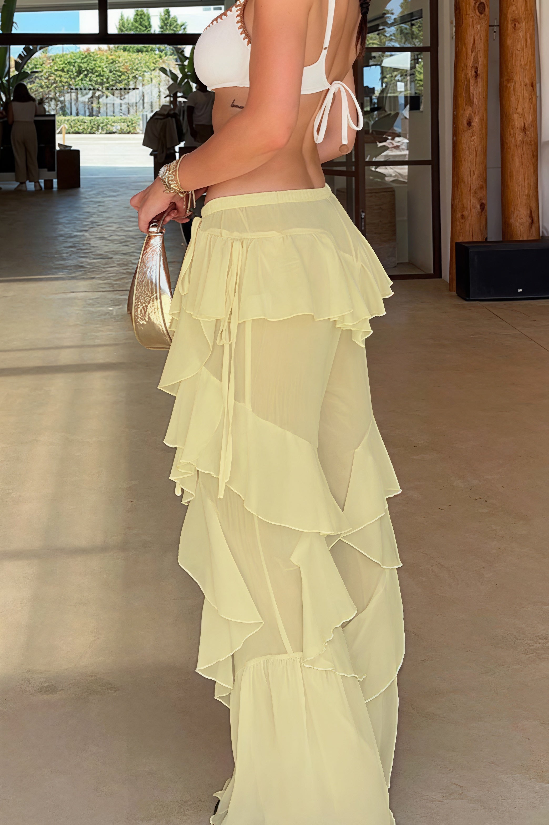 Lace Up Spliced Ruffle Flare Pants