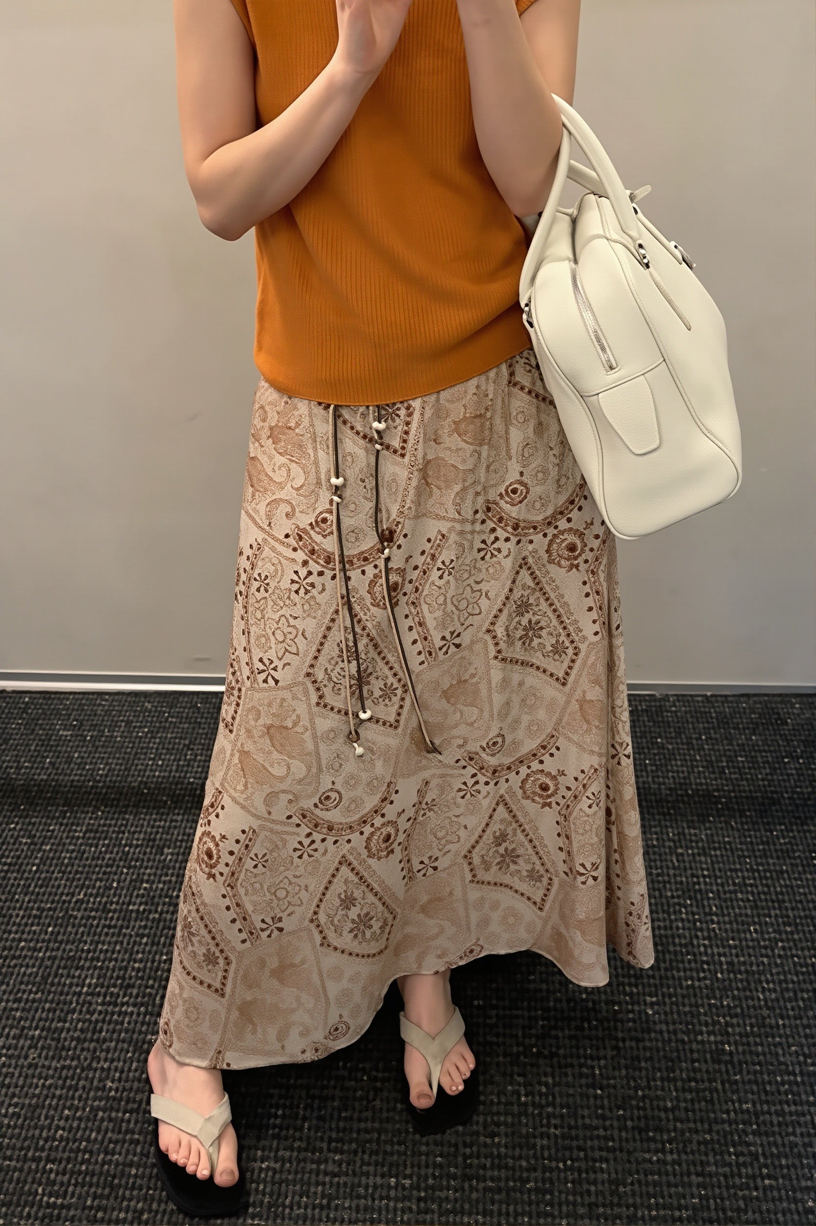 Vintage Print Beaded Belt A Line Maxi Skirt