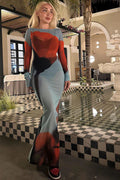 Floral Mesh Sheer Round Neck Split Maxi Dress