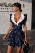 Vintage Lace Trim Polka Dot V-Neck Fitted Mini Dress