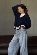 Striped Contrast V Neck Loose Long Sleeve Sweater