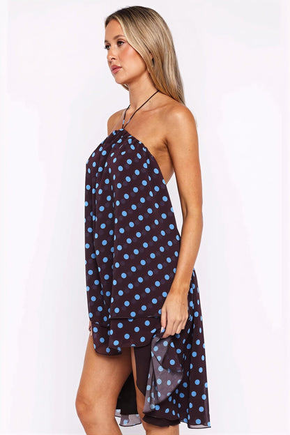 Chic Polka Dot Halter Backless Tie Waist Mini Dress