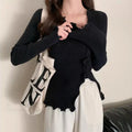 Aesthetic Irregular Ruffles Knit Crop Solid Long Sleeve Knit Top