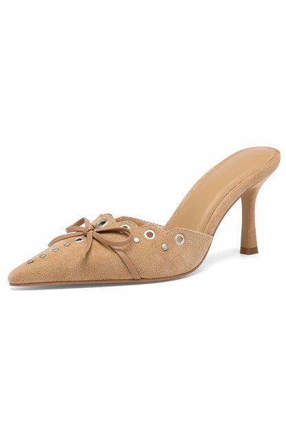 Suede Point Toe Bow Hollow Mule Pumps