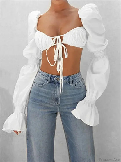 Autumn Puff Long Sleeve Square Neck Tie-up Blouse