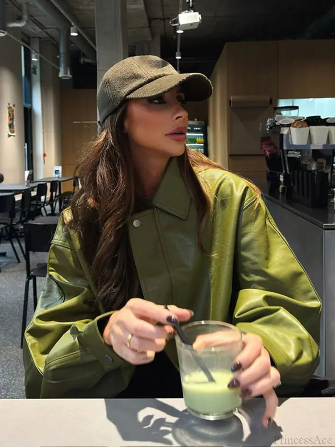Avocado Green Single Breasted Leather Coat