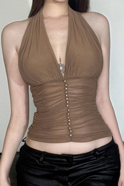 Sexy V Neck Halter Mesh Ruched Tank Top