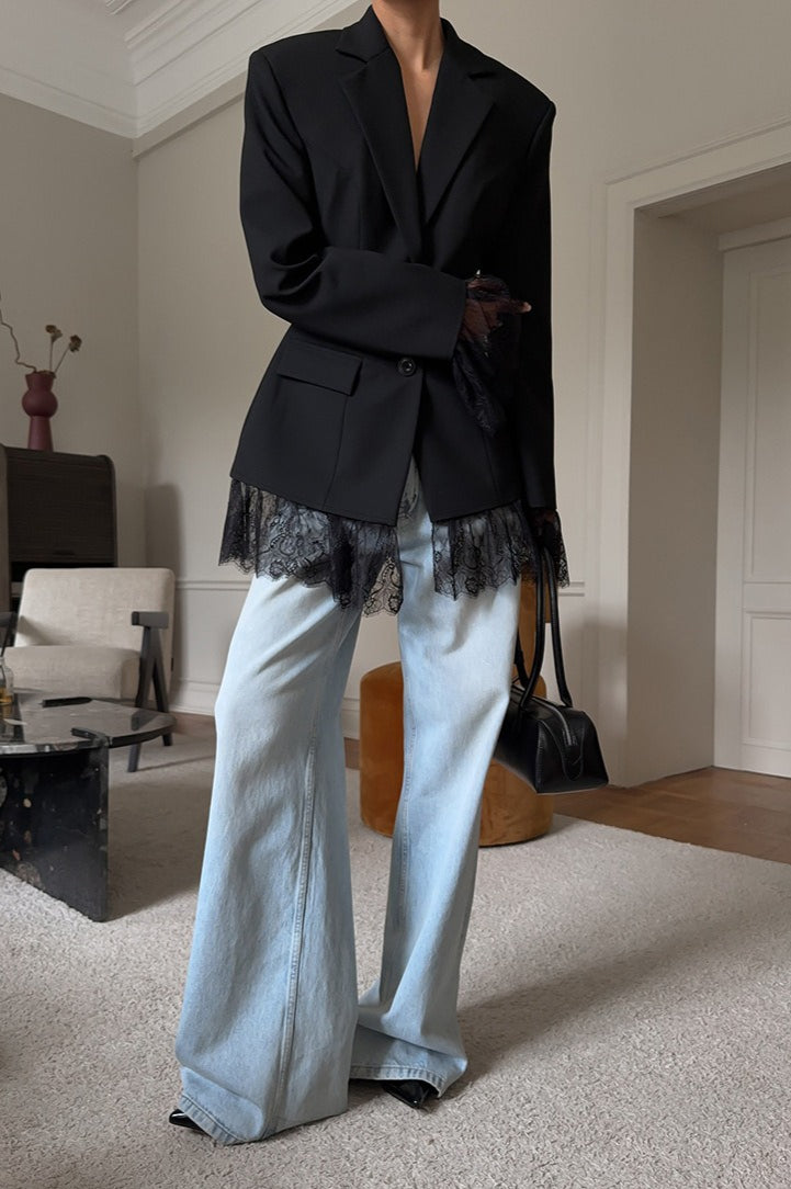 Black Lace Panel Blazer Jacket