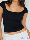 Backless Short Sleeve Low Cut O-Neck Crop Tops Solid Slim Fit T-shirts