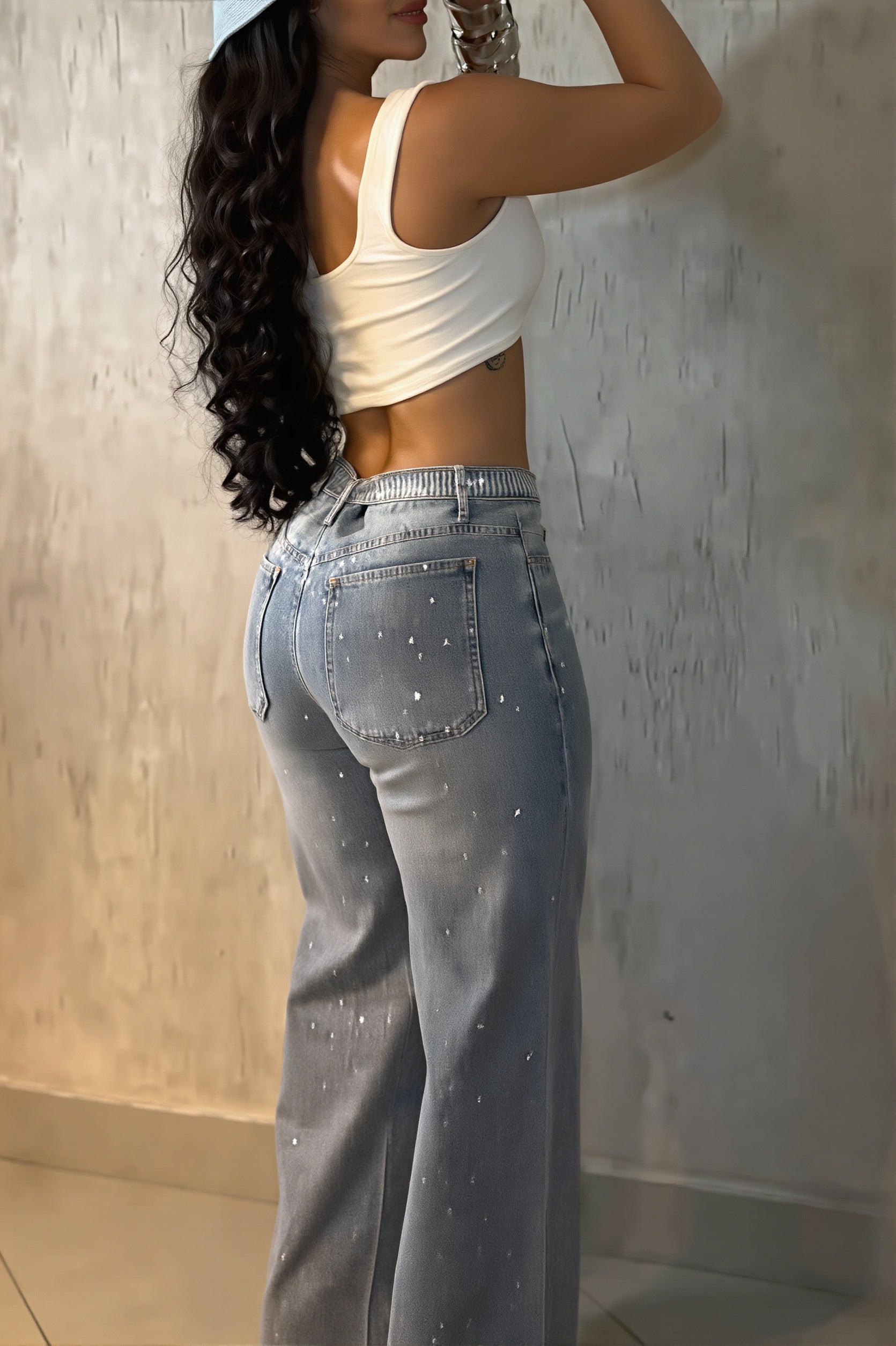 Sexy Rhinestone Belt High Waist Straight Jeans