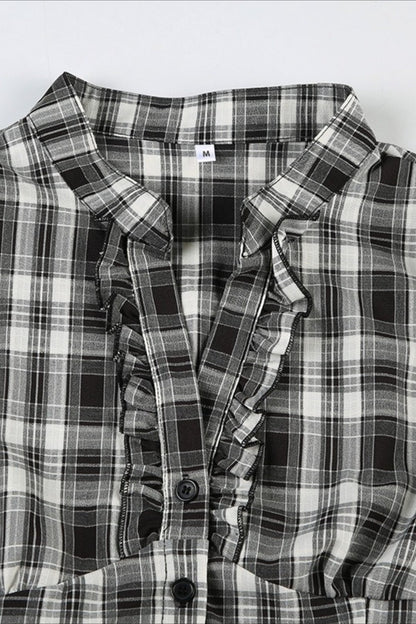 British Plaid Ruffled V Neck Puff Sleeve Blouse