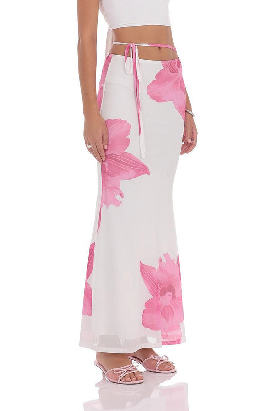 Mesh Floral Tie Bodycon Maxi Skirt