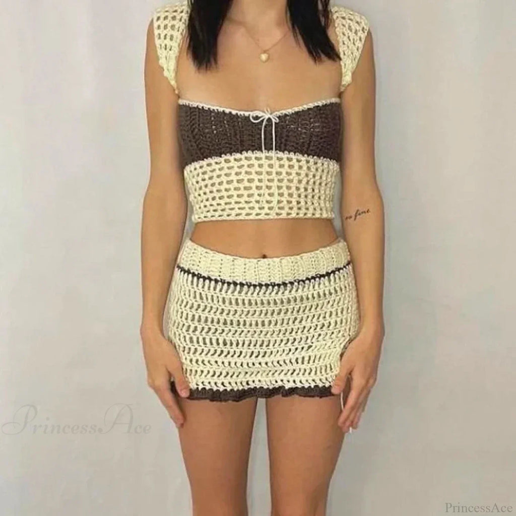 Beach Holiday 2 Piece Sets Crochet Hollow Out Crop Tops Backless Tie Up Knitted Tank Tops + Mini Pencil Skirt Y2K Vintage Outfit