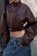 Biker Retro Leather Zip Stand Collar Short Jacket