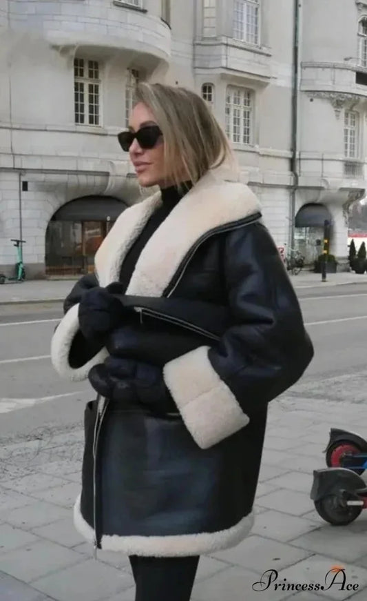 Black Faux Leather Charming Fur Lining Coat