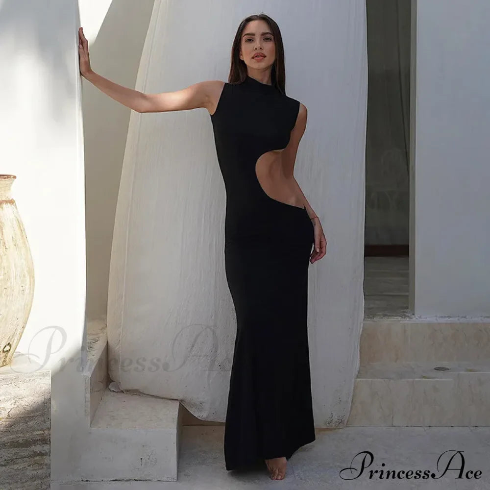 Black Hollow Out Long Women Sleeveless Bodycon Sexy Maxi Evening Slim Fashion Clubwear Cut Out Dress