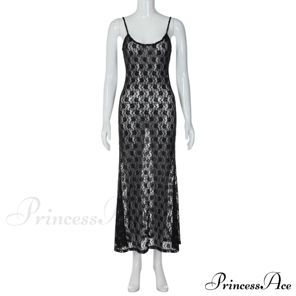 Black Lace Mesh Charming Strap Midi Dress