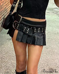 Black Pleated Belted Charming Slit Micro Mini Skirt