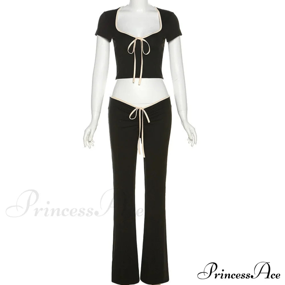 Black Ribbon Tie-Up Top Graceful And Pants Two Piece Set