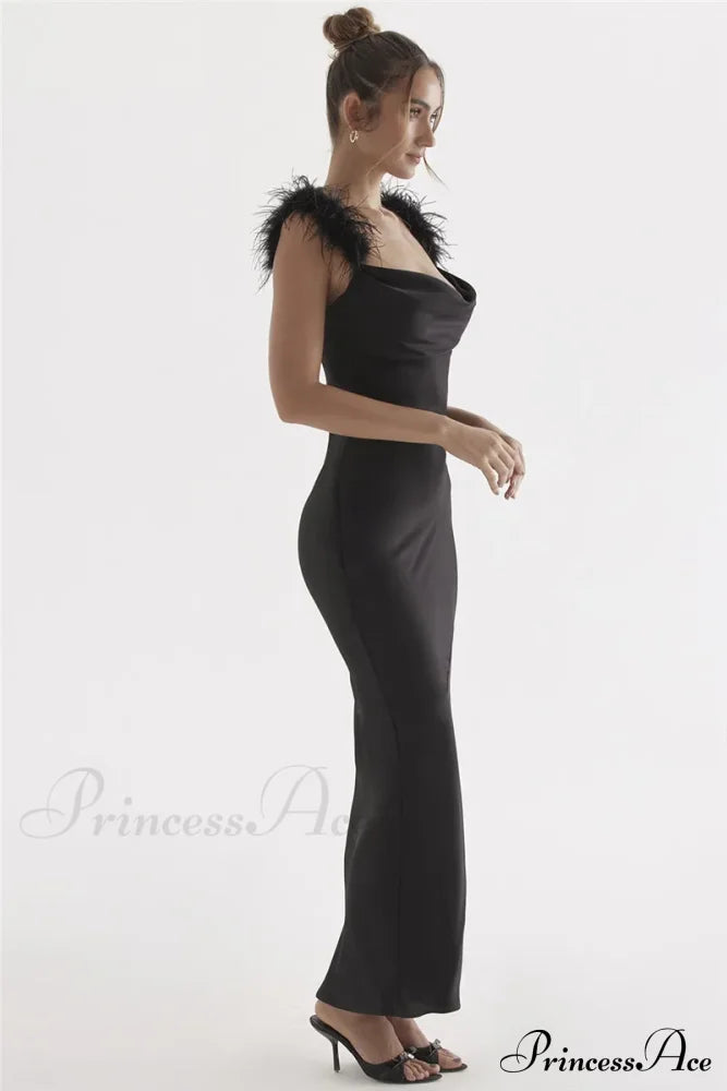 Black Satin Feather Charming Strap Maxi Dress