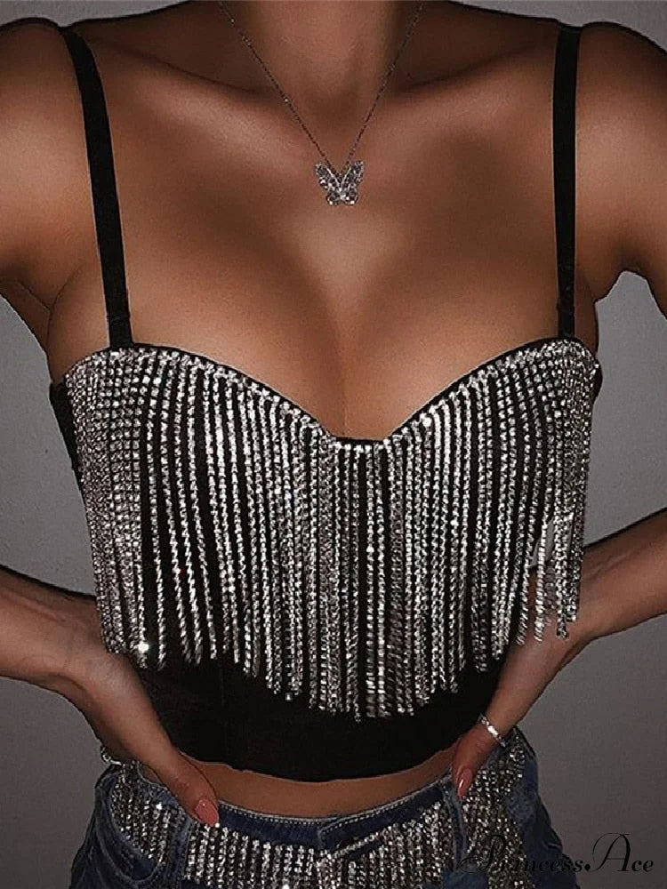 Black Strap Crop Charming Top With Rhinestone Fringe