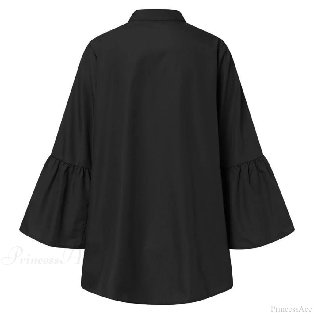 Blouse Office Arm - V Button Women's Flare Up White Neck Blouse
