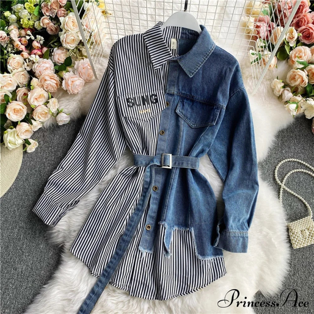 Blouse Patchwork - Plaid Jeans Long Blouse Women's with Autumn Arm Elegant Design Slim Dress
