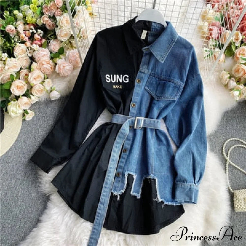 Blouse Patchwork - Plaid Jeans Long Blouse Women's with Autumn Arm Elegant Design Slim Dress
