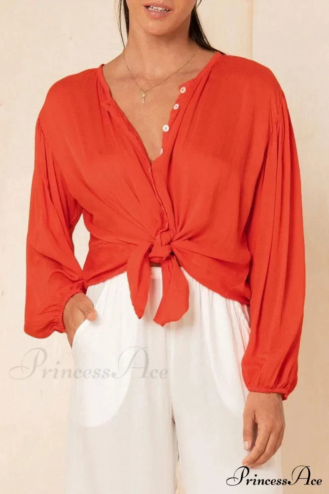 Blouse with Lace-up Red Buttons Design