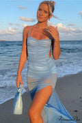 Blue Backless Side Split Dress with Ruched Detail