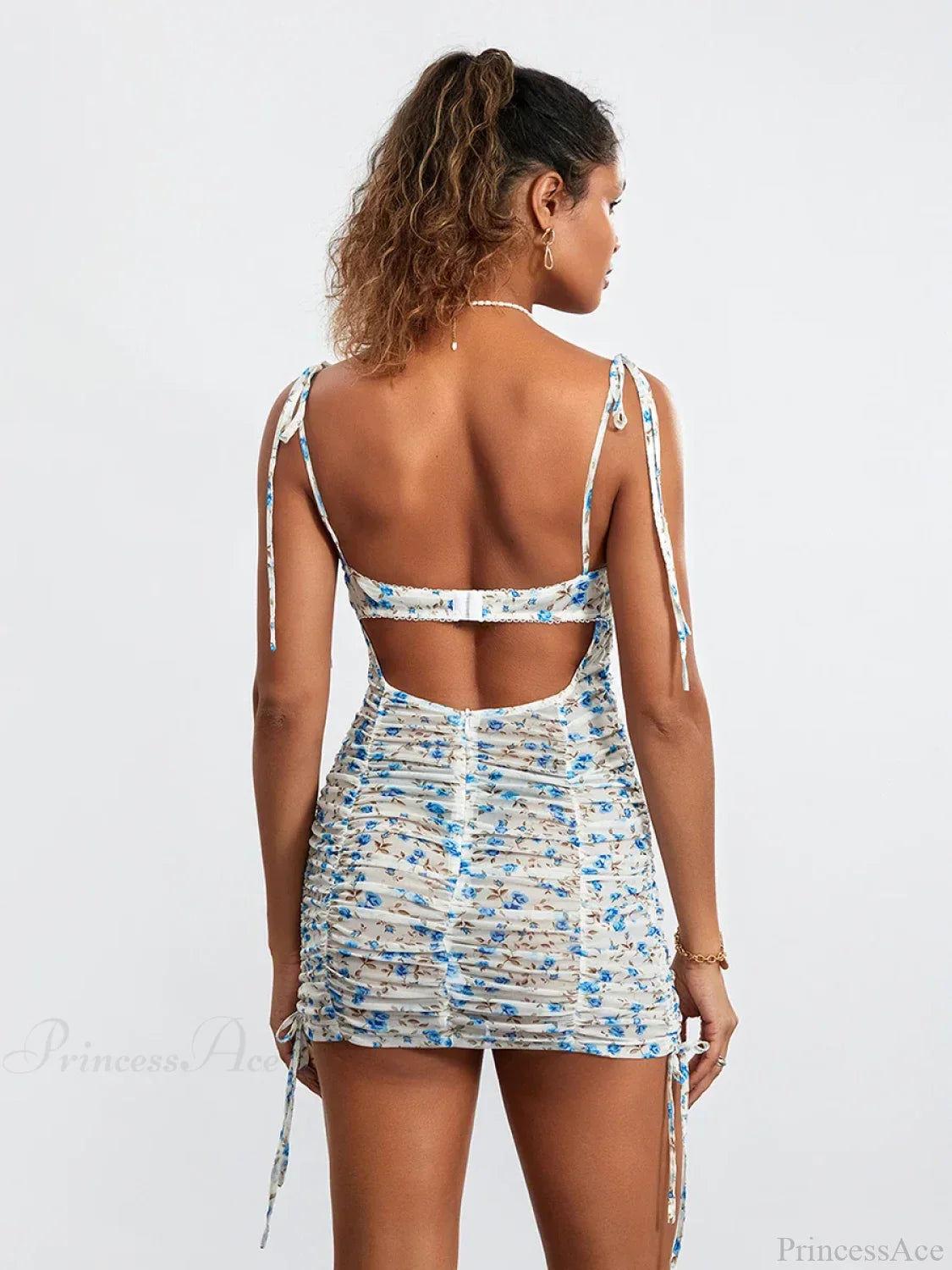 Blue Flowers Print Mini Ruched Bodycon Nightclub Floral Dress