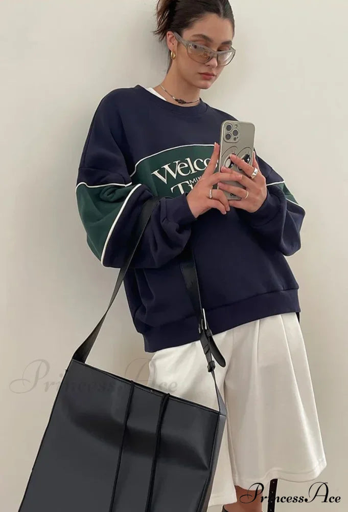 Blue Letter Stylish Print Sweatshirt