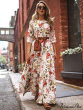 Bohemia Maxi Dress with Floral Round Neck and Half Sleeves