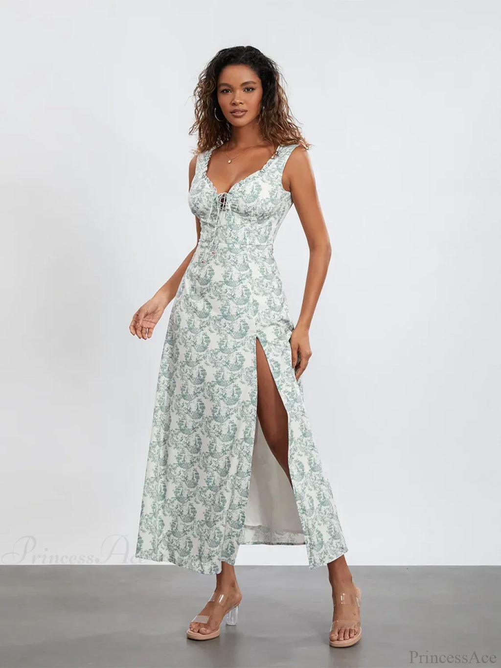 Bohemian Floral Tank Dress Sleeveless Ruffled Tie-up Sweetheart Floral Dress