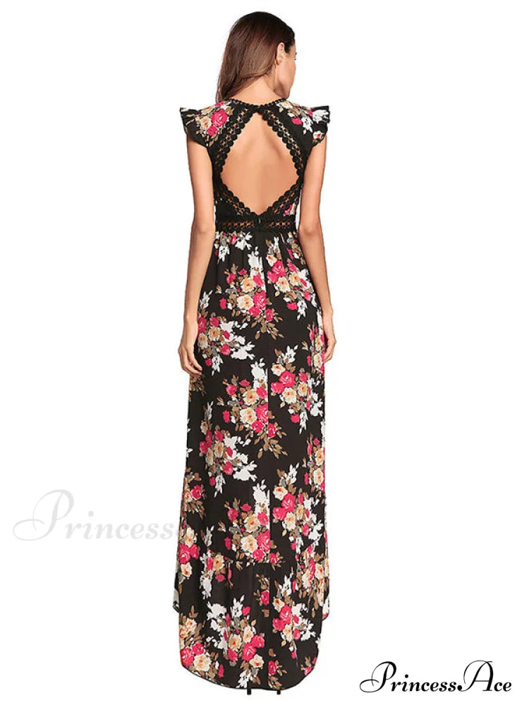 Bohemian Irregular Flowered Design V-Neck Dress