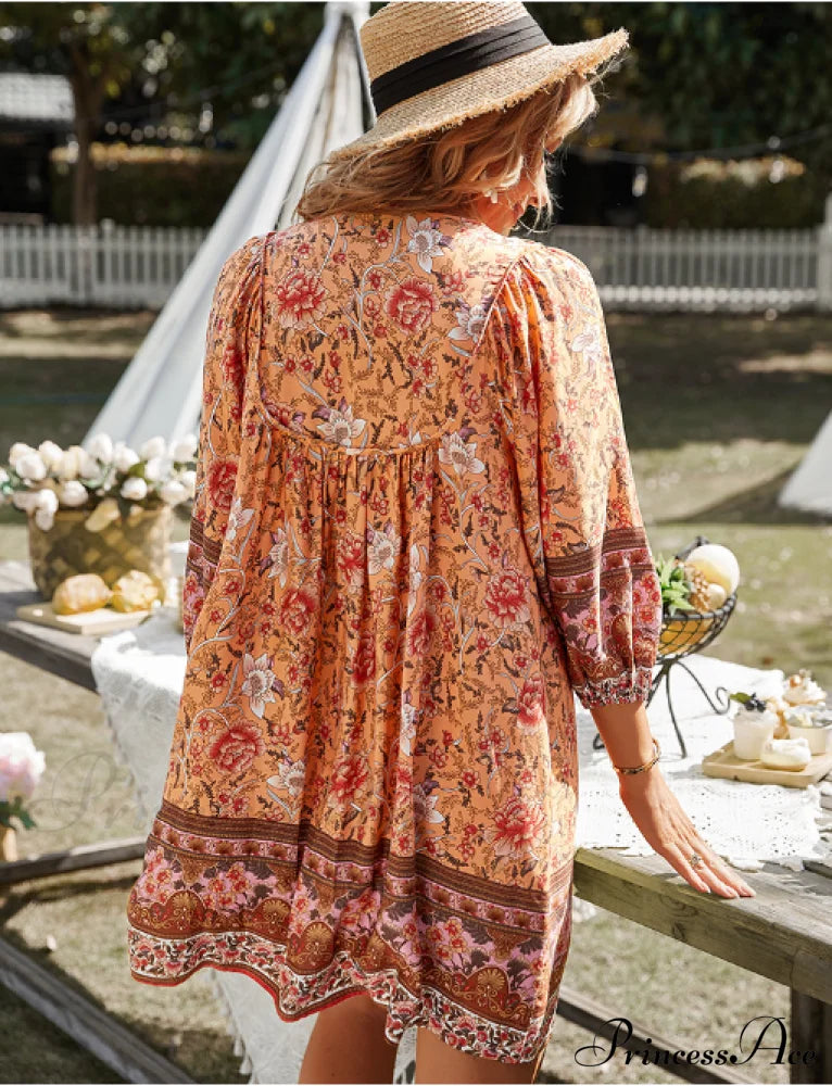 Boho Beach Dress Female Vintage Dress Printed Mini Casual 3/4 Sleeve Loose Elegant