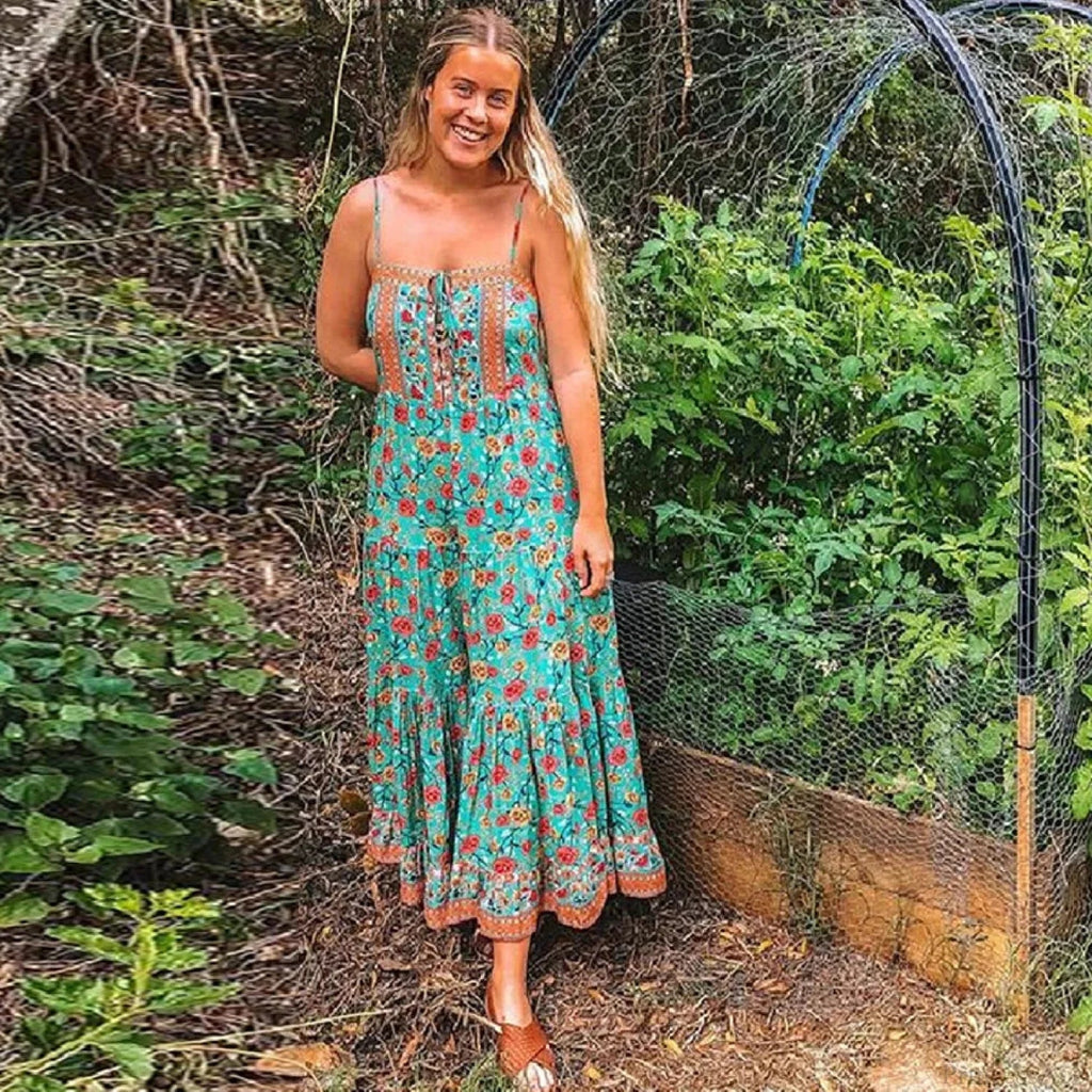 Boho Strap Dresses Gypsy Sleeveless Rayon Floral Print Maxi Dress