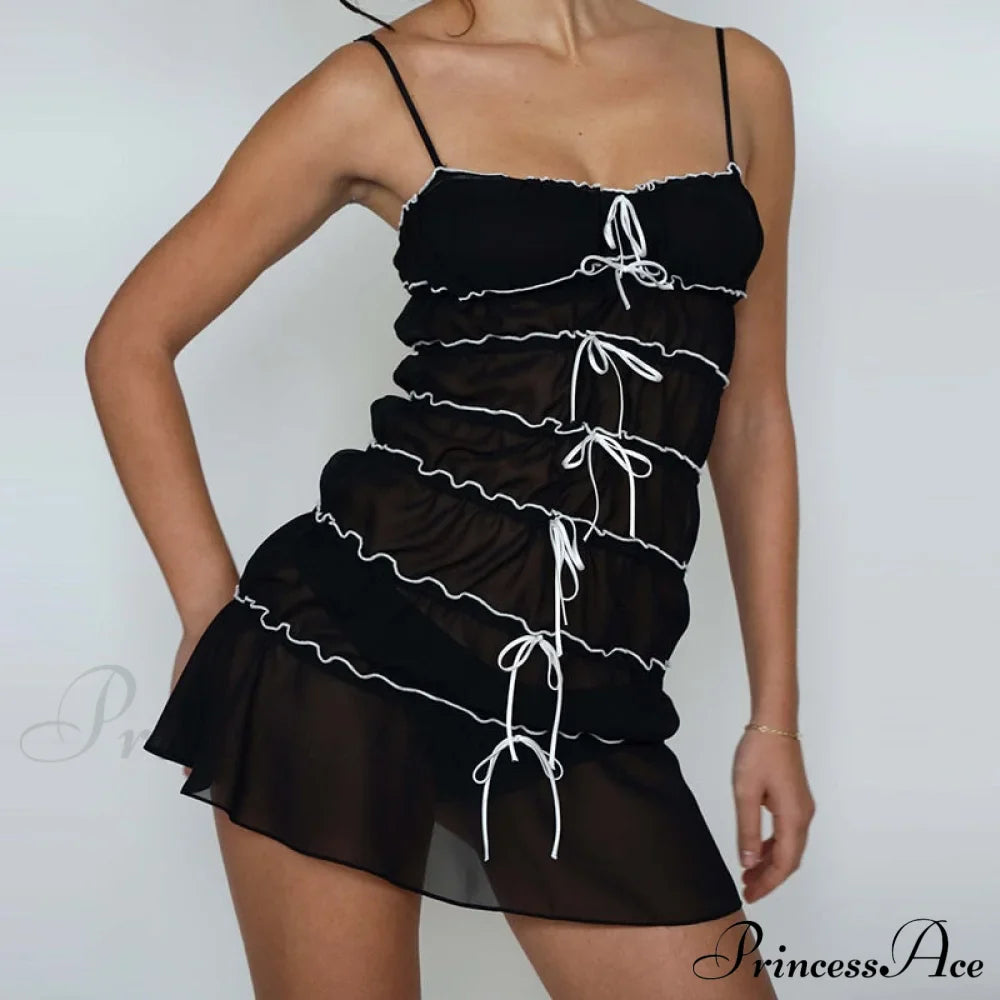 Bow Ruched Design Charming Mini Strap Dress