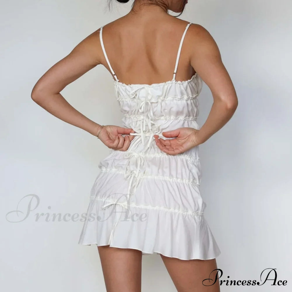 Bow Ruched Design Charming Mini Strap Dress