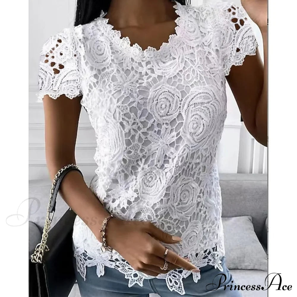 Brief Pink Neck White Casual Women's Blouse Round Black Lace Arm Basic Plain Blouse