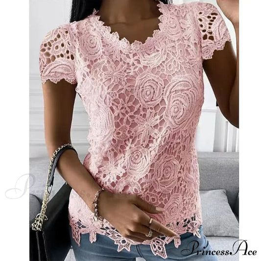 Brief Pink Neck White Casual Women's Blouse Round Black Lace Arm Basic Plain Blouse