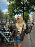 Brown Cropped Lapel Leather Coat