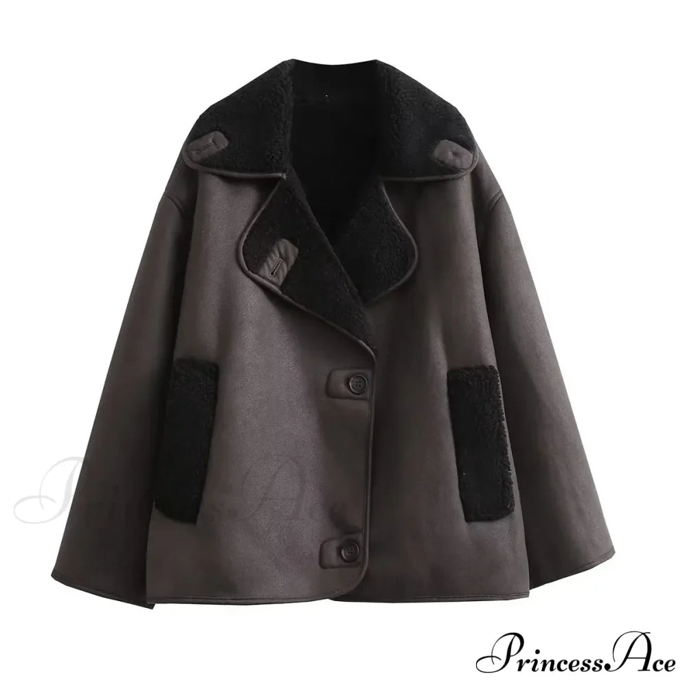 Brown Faux Leather Charming Black Lining Fur Jacket