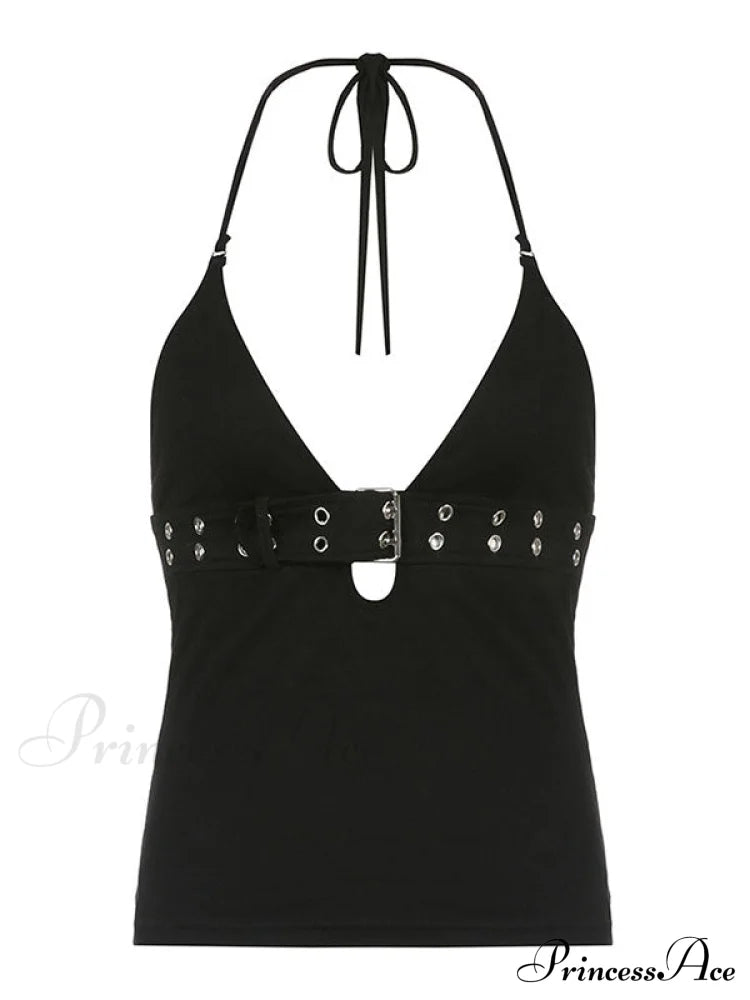Buckle Strap Black Trendy Bodycon Crop Top