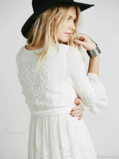 Button Down Hollow Embroidery High Waist Boho Dress