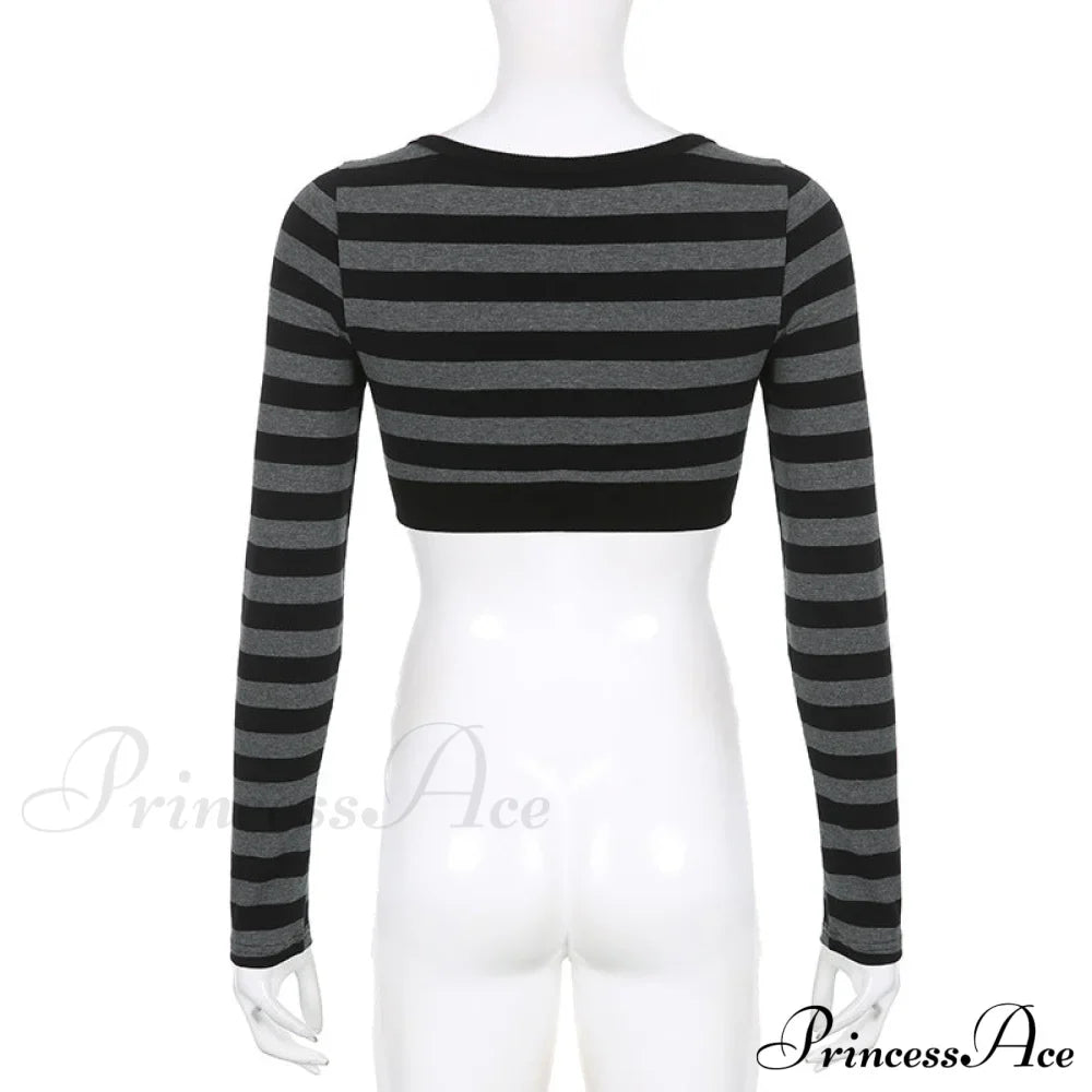 Button Full T Vintage V Crop Top Harajuku Neck Blouse Arm Knitted Women Grunge Tee Striped Y2K Outfits
