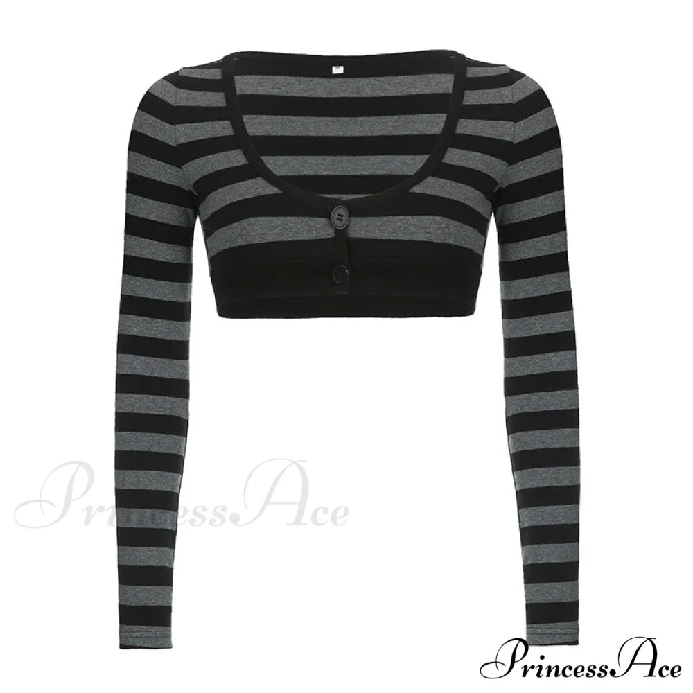 Button Full T Vintage V Crop Top Harajuku Neck Blouse Arm Knitted Women Grunge Tee Striped Y2K Outfits
