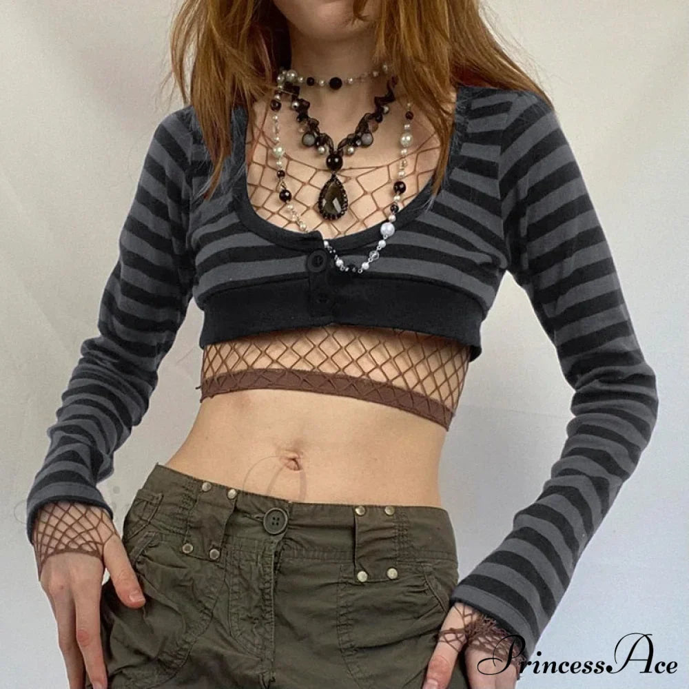 Button Full T Vintage V Crop Top Harajuku Neck Blouse Arm Knitted Women Grunge Tee Striped Y2K Outfits