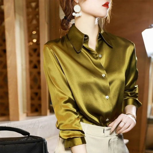Button Satin - Women's Blouse Silk Luxury Office Crepe Up Elegant Top