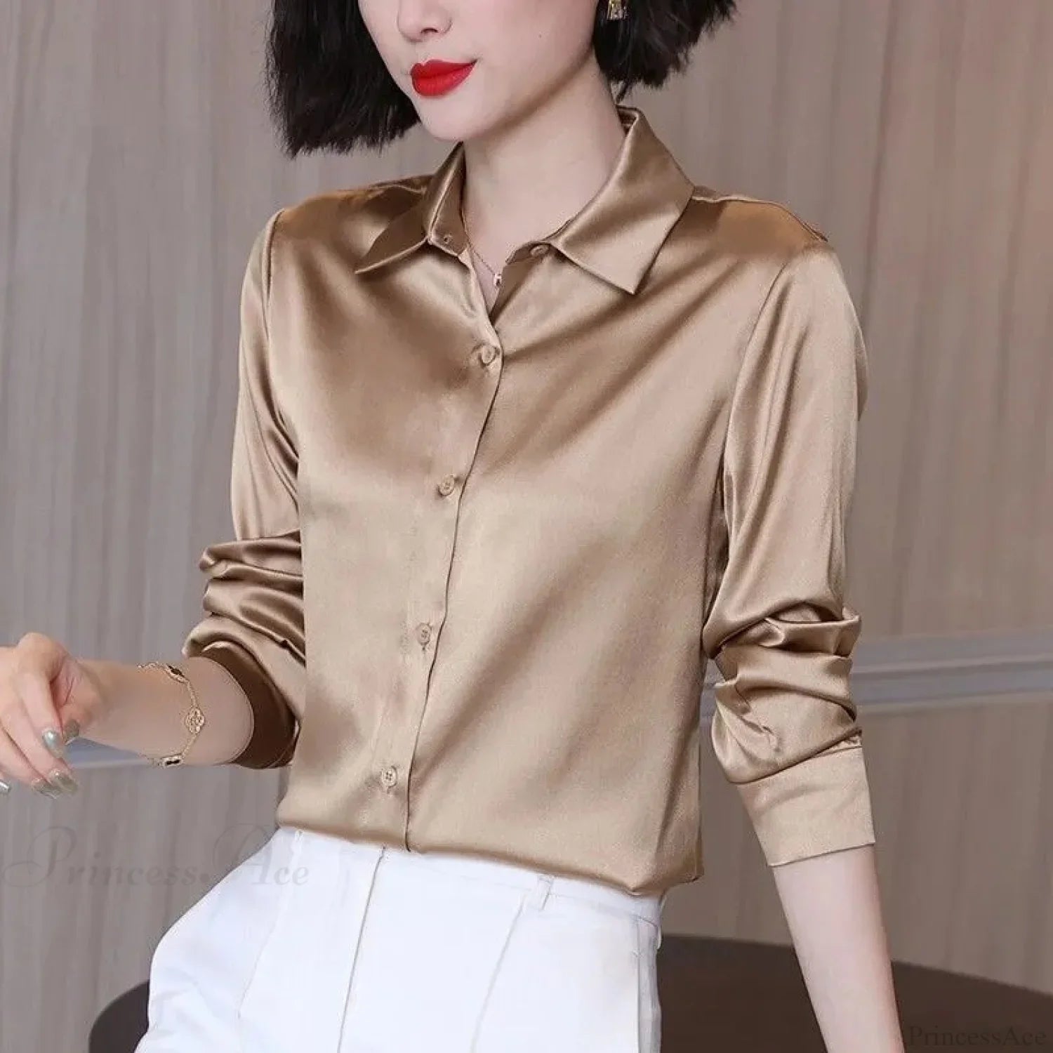 Button Satin - Women's Blouse Silk Luxury Office Crepe Up Elegant Top